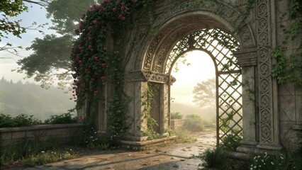 Fototapeta premium Sunlight streams through an ancient stone archway adorned with climbing roses and vines, leading to a misty, ethereal landscape, evoking a sense of mystery and tranquility