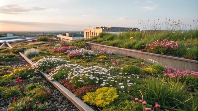 Beautiful flowering meadow growing on an extensive green roof system is creating a vibrant and ecological space atop a building, enhancing urban biodiversity and promoting sustainable practices