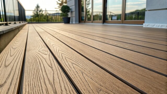 Low angle view capturing a new wooden terrace decking in a modern residential building, highlighting the intricate wood grain and exceptional craftsmanship of the flooring