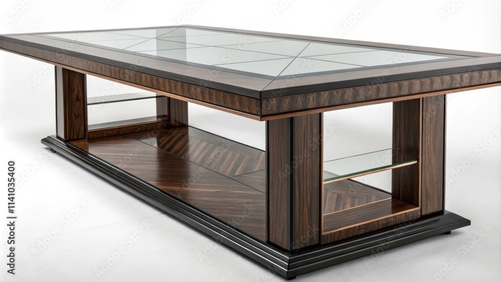 Aufkleber Modern coffee table with glass top and wooden structure featuring geometric patterns, creating a luxurious and sophisticated atmosphere in a contemporary interior design setting