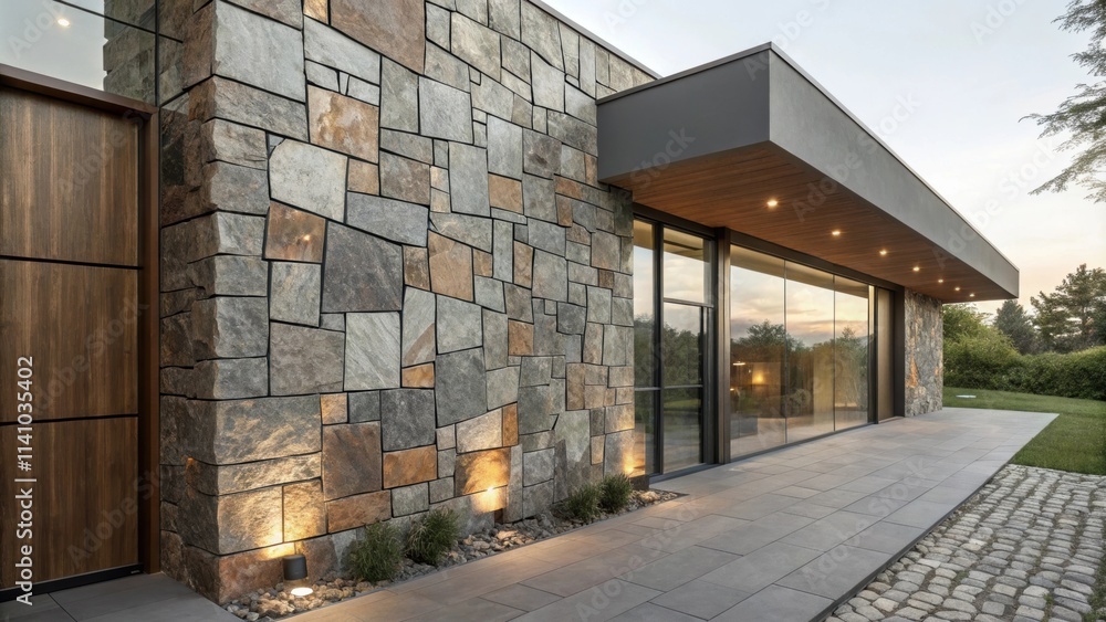 Aufkleber Spotlights illuminating a modern house exterior featuring stone cladding and large windows, creating a warm and inviting ambiance at sunset