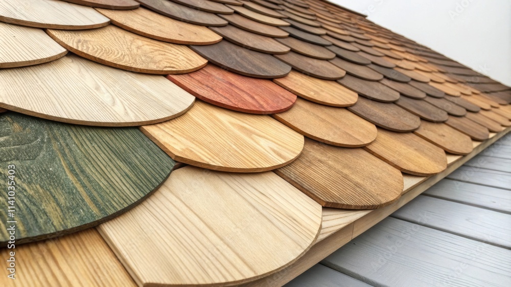 Poster close up view of overlapping semicircular wooden roof tiles showcasing diverse colors and wood grain