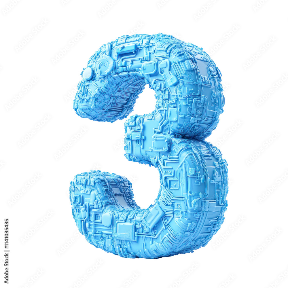 Poster a 3d rendering of the number 3, created from a collection of blue, metallic, and circuit board-like 