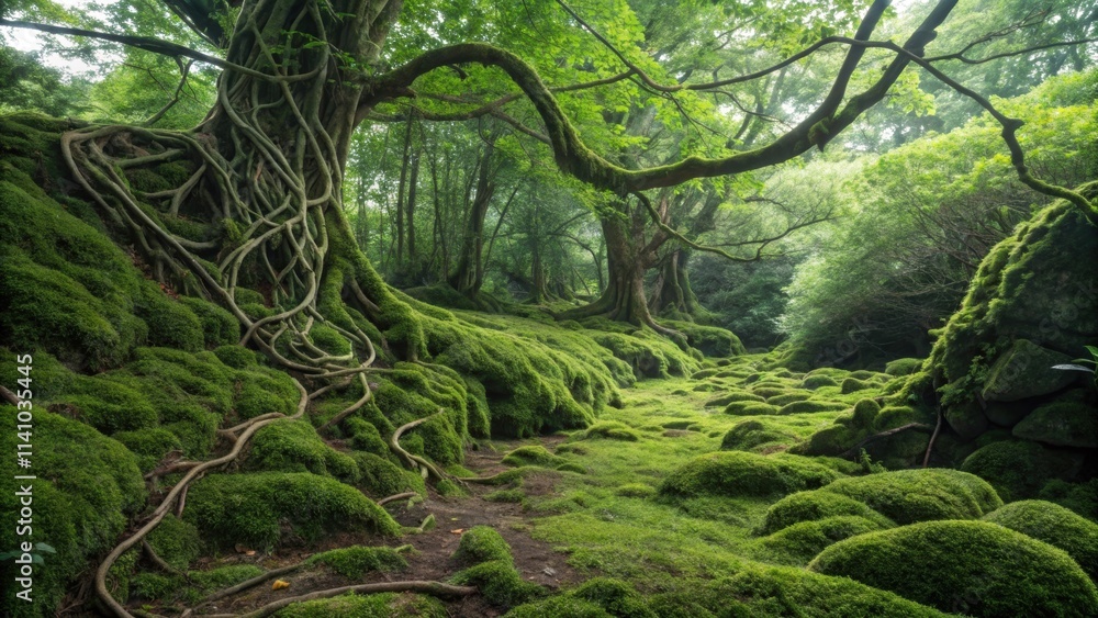 Poster sunlight filters through the canopy, illuminating a magical forest scene where vibrant green moss bl