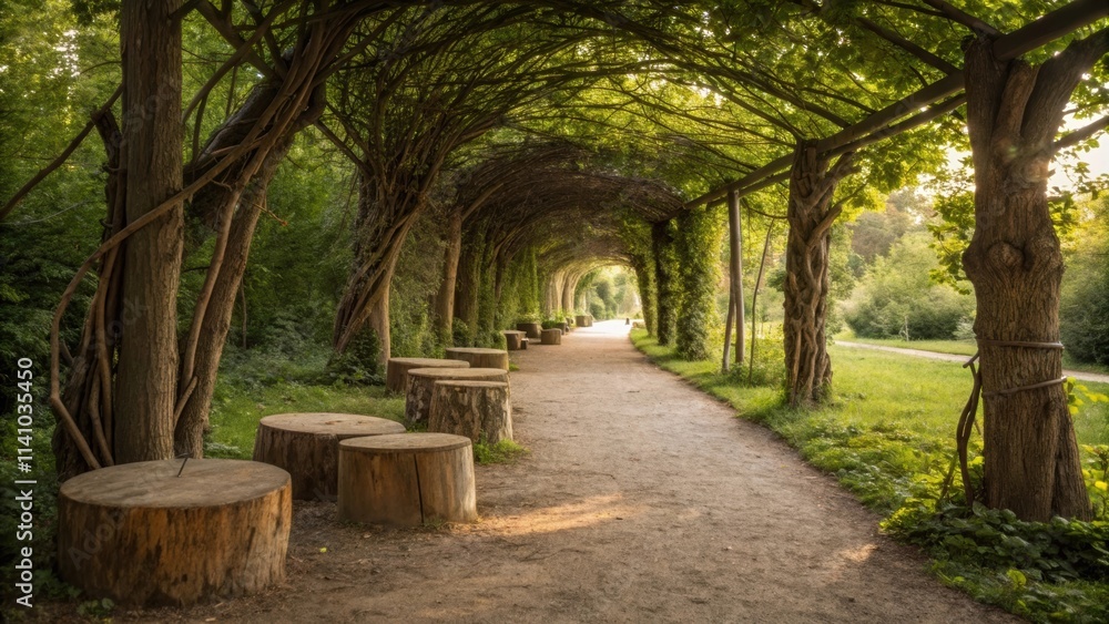 Aufkleber sunlight filters through the canopy of interwoven trees forming a natural tunnel above a tranquil pa