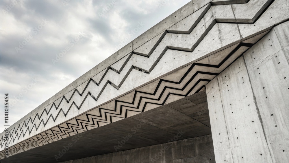 Poster Zigzag patterns adorning a modern concrete architectural structure rise against a backdrop of a cloudy sky, highlighting unique design and innovative construction techniques