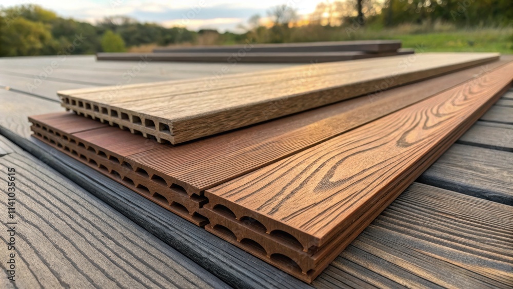 Poster Displaying samples of composite decking boards in various colors, highlighting options for enhancing outdoor flooring in patios, terraces, or pool decks