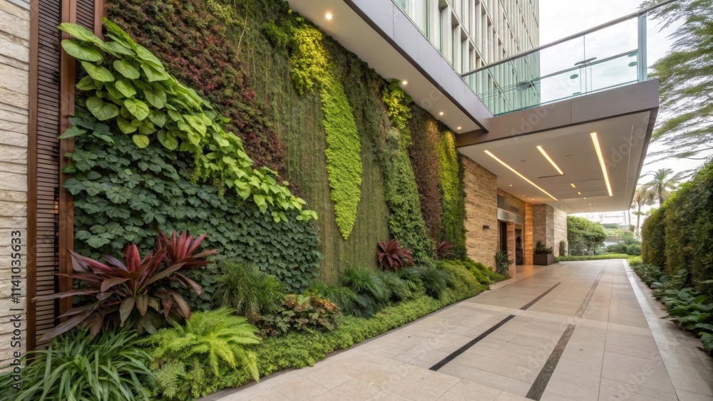 Poster vibrant green wall adorns the entrance of a modern building, creating a refreshing and eco friendly 