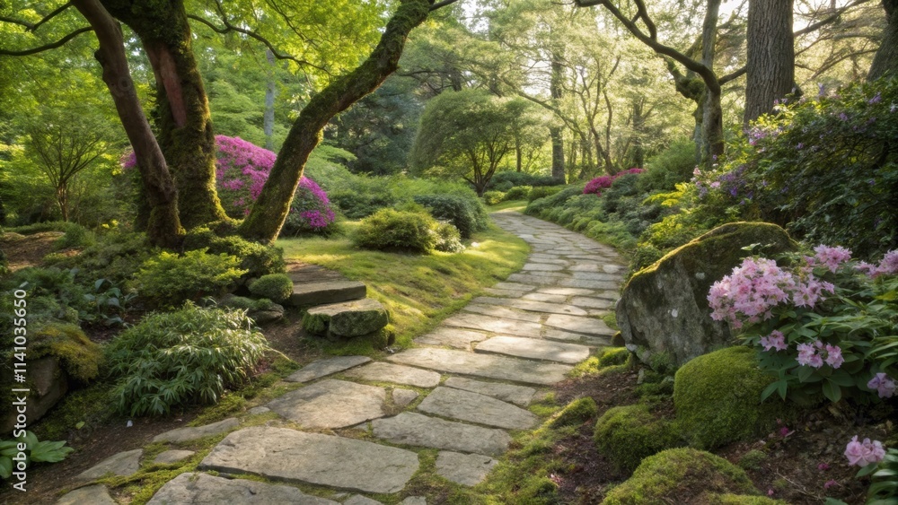Aufkleber sunlight filters through trees, illuminating a stone path winding through a vibrant green garden fil