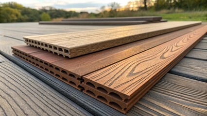 Displaying samples of composite decking boards in various colors, highlighting options for enhancing outdoor flooring in patios, terraces, or pool decks
