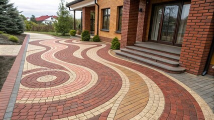 Multicolored paving stones forming a wavy pattern lead to the entrance of a modern brick house, decorated with small shrubs and a gray staircase