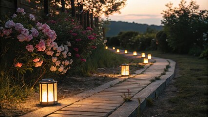 Fototapeta premium Picturesque wooden garden path is gently illuminated by warm lanterns at sunset, winding through lush greenery and alongside blooming roses, creating a serene and enchanting atmosphere