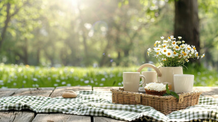 A picnic on the grass in the park with a basket full of spring treats.
