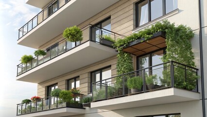 Sunlight illuminates a contemporary apartment building, highlighting balconies adorned with thriving green plants, showcasing sustainable urban living