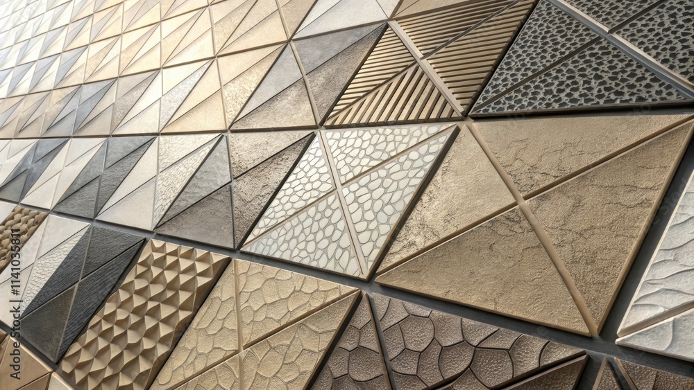 Aufkleber Diverse triangular tiles showcasing various textures and patterns are forming a visually appealing wall covering, suitable for modern interior design projects