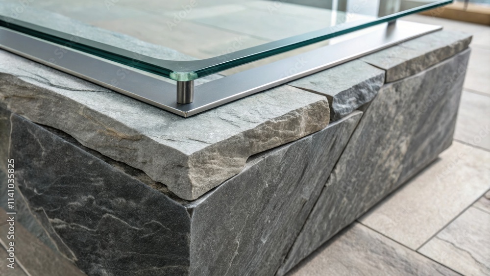 Poster Close up view of a stylish coffee table featuring a sleek glass top, supported by a sturdy metal frame and resting on a textured natural stone base, blending modern and rustic design