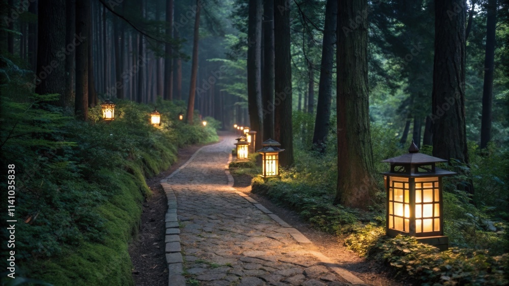 Aufkleber Warm light from lanterns illuminates a cobblestone path winding through a tranquil forest at dusk, creating a magical and inviting atmosphere