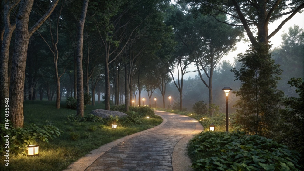 Poster Gentle light from street lamps casting a warm glow along a winding path through a misty forest at dawn, evoking a serene and enchanting atmosphere filled with tranquility