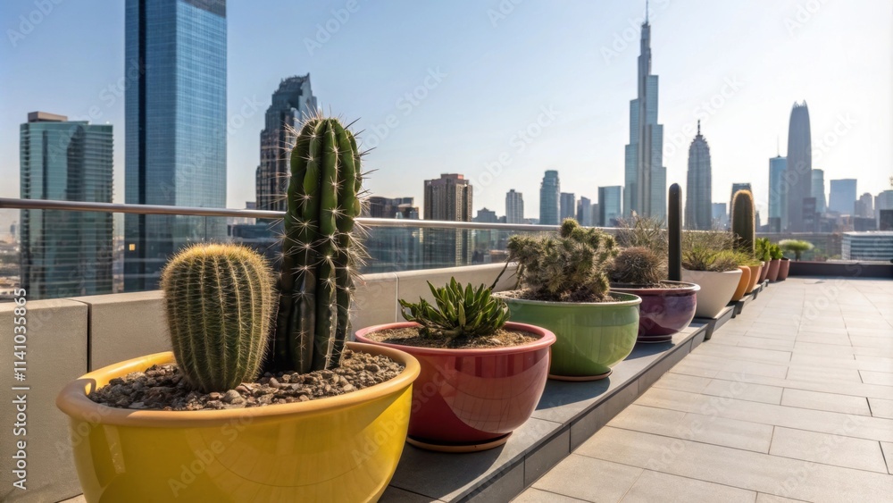 Poster vibrant ceramic pots containing various cactus and succulent plants create a relaxing atmosphere on 