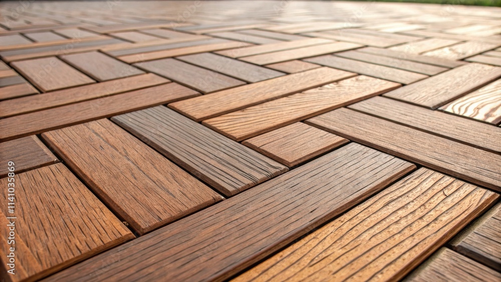 Poster Close up view of rectangular wooden deck tiles arranged in a herringbone pattern, creating a textured and visually appealing outdoor flooring surface