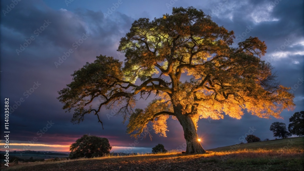 Poster majestic oak tree stands illuminated by golden light at sunset, its branches reaching towards a dram