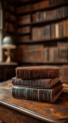 Stack of Books on Wooden Table in Cozy Library Setting