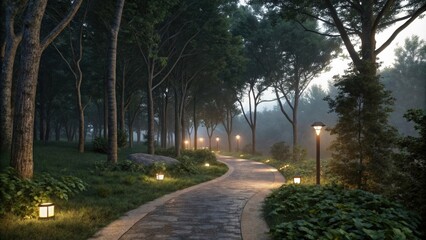 Gentle light from street lamps casting a warm glow along a winding path through a misty forest at dawn, evoking a serene and enchanting atmosphere filled with tranquility