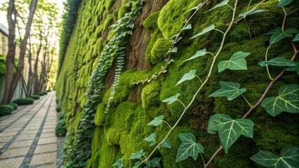 Fototapeta premium Vibrant green moss and ivy create a textured tapestry on a stone wall, bordering a serene garden path, inviting a peaceful stroll amidst nature's beauty