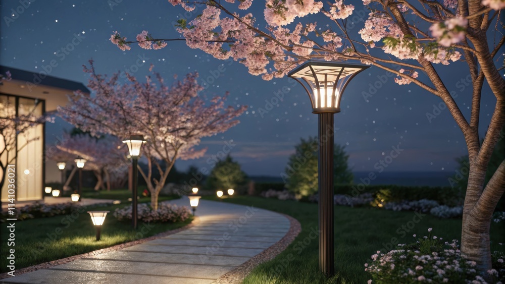 Aufkleber serene garden path is illuminated by elegant lamps at night, under a sky full of stars, with bloomin