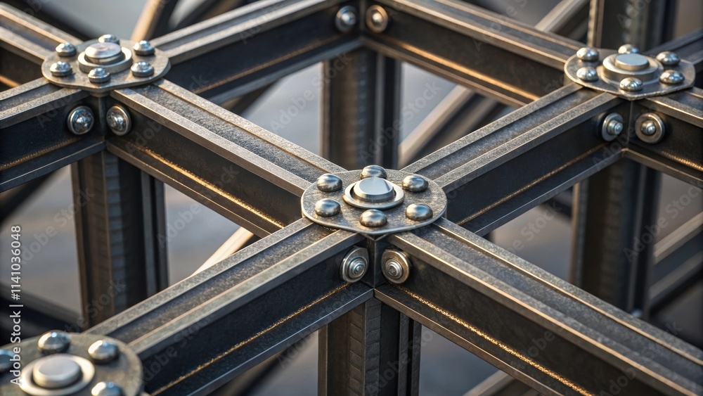 Poster Interconnected steel beams and rivets create a robust framework, emphasizing structural integrity and showcasing the elegance of industrial design in construction and engineering