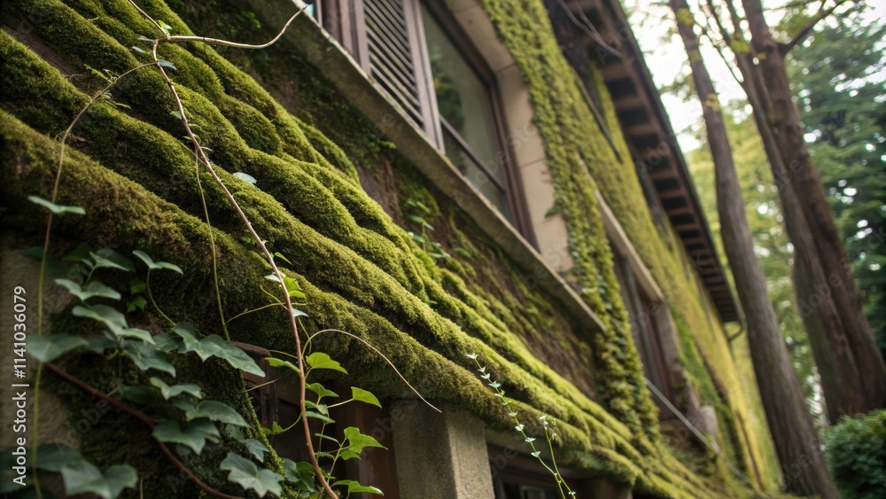 Poster Green moss and ivy climbing up the side of a building with windows, creating a lush, overgrown appearance in a serene forest setting filled with vibrant foliage