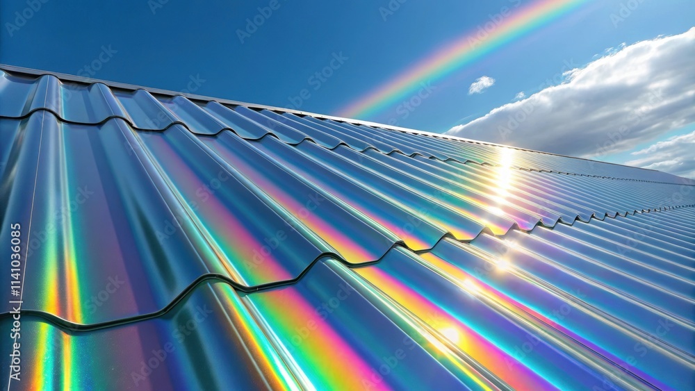 Aufkleber sun reflecting on iridescent metallic roof tiles creating a rainbow effect under a bright blue sky w