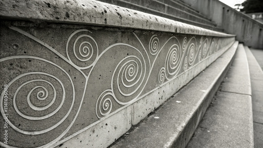 Poster spiral patterns adorning the side of a concrete staircase, enhancing the urban landscape with an art