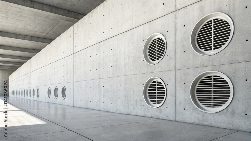Aufkleber Round ventilation grilles are embedded in a large concrete wall, ensuring proper airflow and a comfortable environment within a modern architectural space