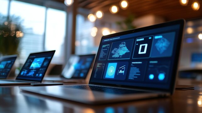 A series of open laptops on a table each showing an online training portal with interactive courses on digital manufacturing processes.