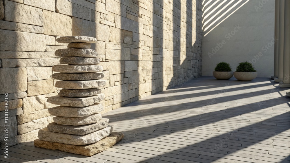 Poster stacked stones creating an artistic sculpture in a modern architectural setting with sunlight castin