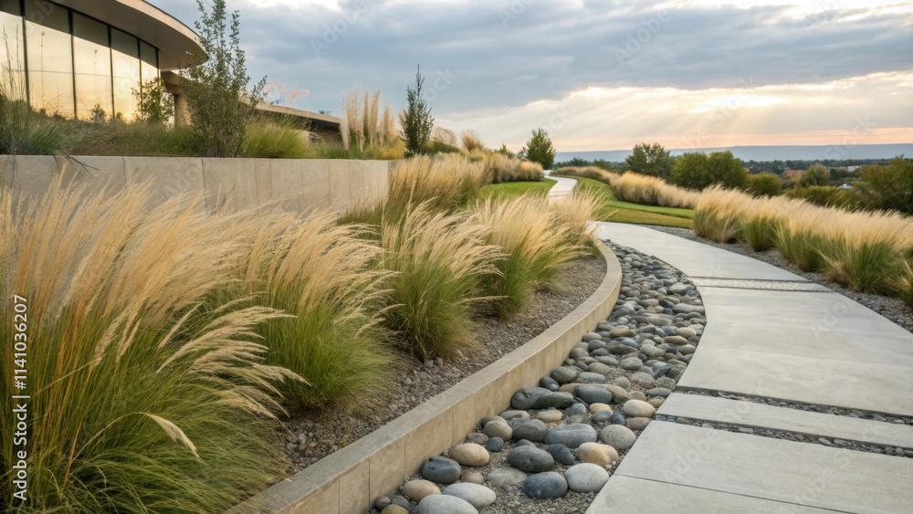 Poster concrete pathway winding through a variety of ornamental grasses and river rocks, leading towards a 