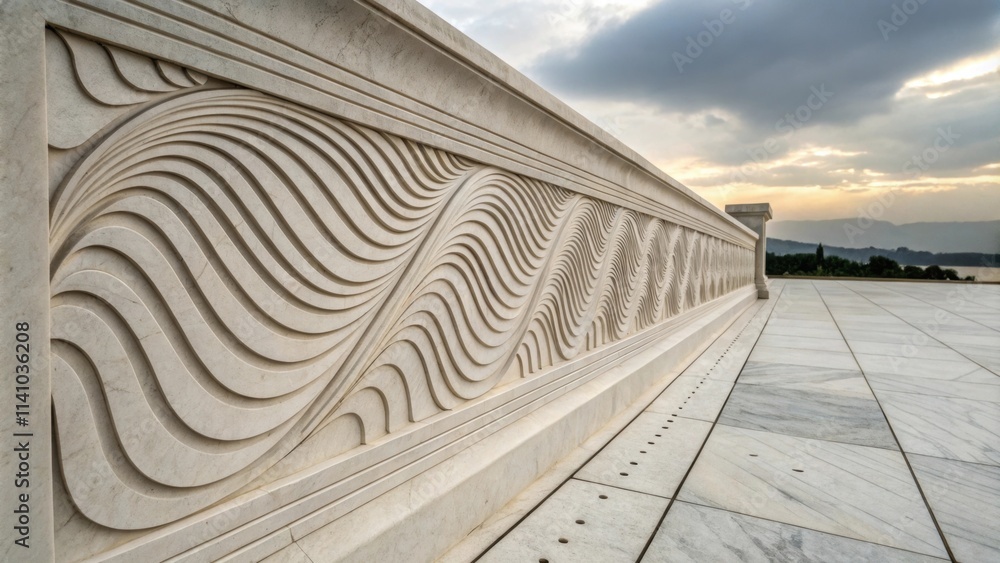 Poster low angle view of a marble balustrade featuring a carved wave design, enhancing the architecture of 