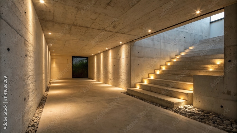 Poster warm lighting accentuating the sleek textures of a modern concrete interior, featuring a staircase l