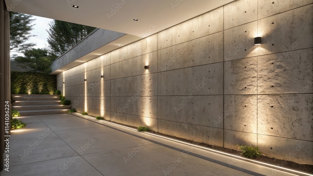 Poster warm lighting fixtures elegantly illuminate a modern concrete wall and paved pathway, creating a wel
