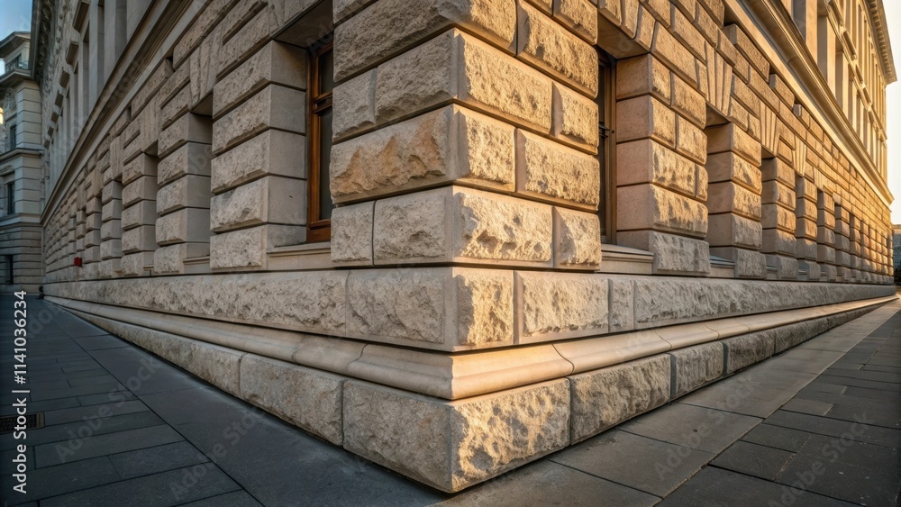 Poster warm sunlight illuminates the corner of a majestic rusticated stone building, showcasing the intrica