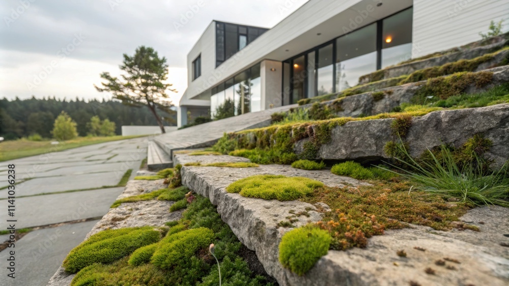 Aufkleber stone steps covered in vibrant green moss lead to a modern, white house with large windows, creating