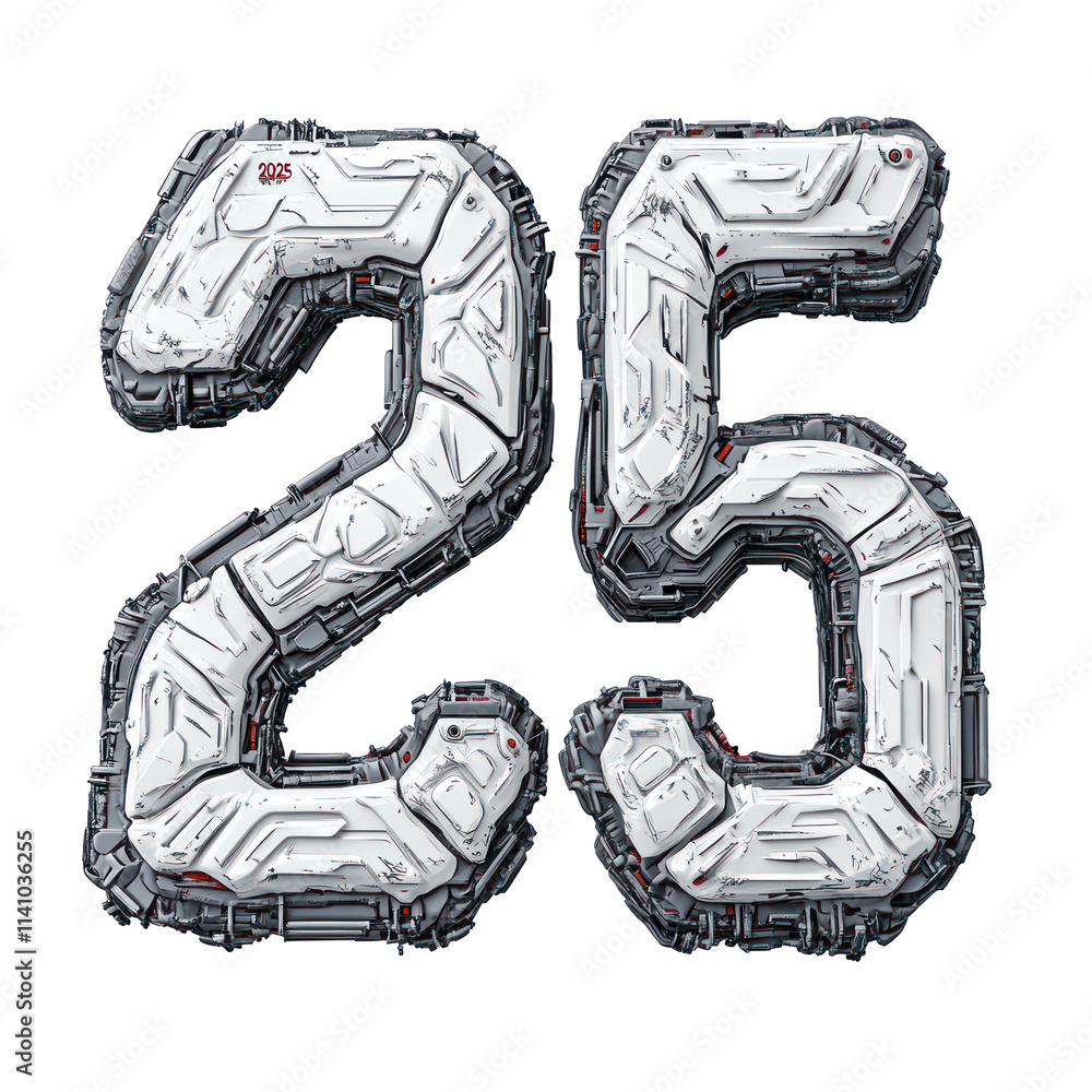 Poster a 3d rendering of the number 25 formed by metallic, futuristic, and robotic elements.