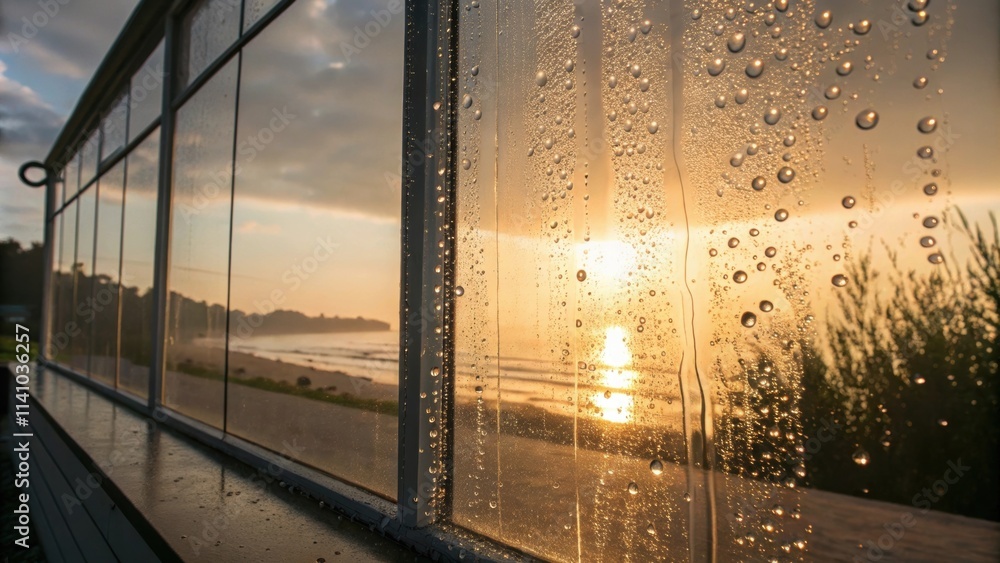 Poster golden sunrise reflecting on a wet glass window overlooking a serene beach, creating a beautiful and