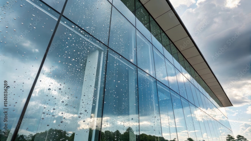 Poster Raindrops clinging to the glass facade of a modern building, reflecting the cloudy sky and surrounding trees, creating an abstract pattern of nature and architecture