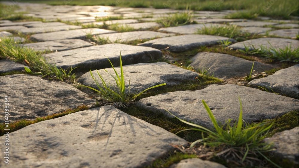 Aufkleber Close up view of grass growing between paving stones, illuminated by warm sunset light, creating a captivating contrast between nature and man made structures