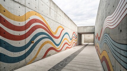 Modern architecture featuring colorful wavy lines painted on concrete walls of an urban pedestrian tunnel, creating a vibrant and artistic passage