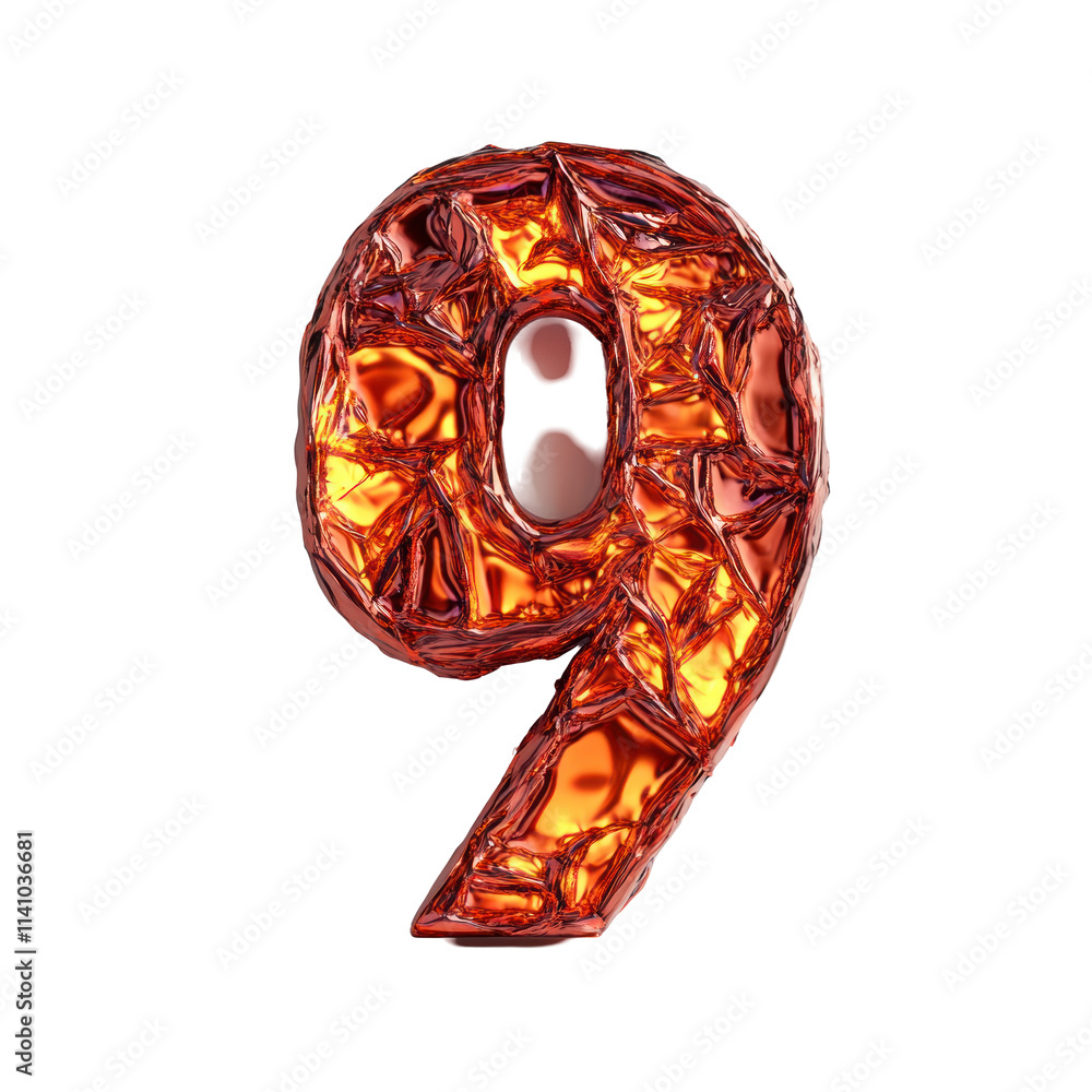 Poster a 3d rendering of the number nine in a red, crumpled metallic style, isolated on a white background.
