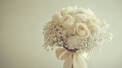 Elegant Bridal Bouquet with White and Beige Roses and Peonies