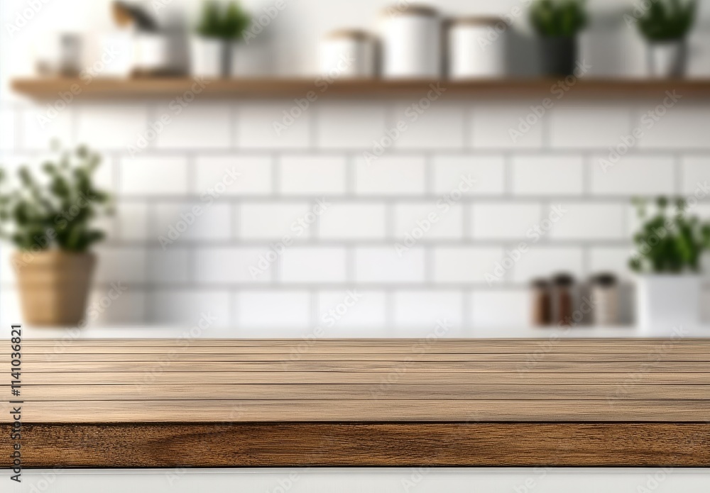 Aufkleber empty wooden table in front of blurred kitchen background with white tiles and shelves.